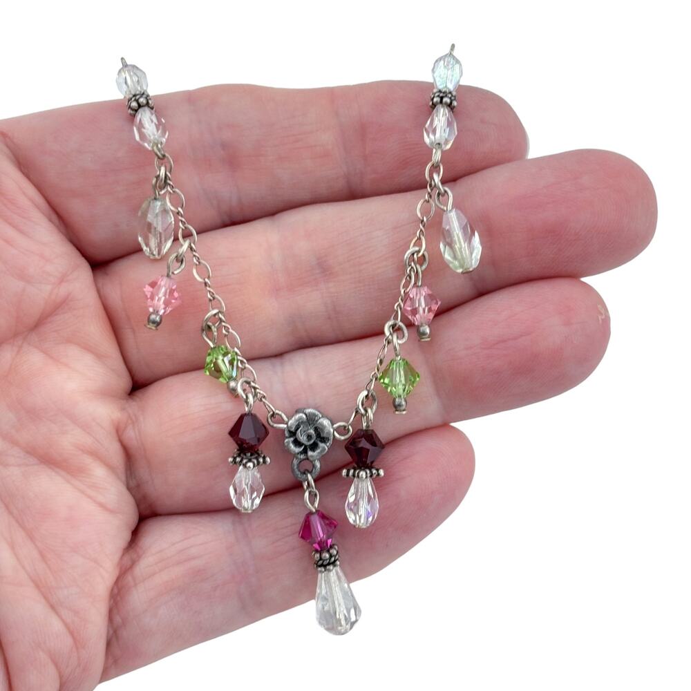 Vintage Sterling Silver 925 Multi Color Crystal Charm Necklace 16"